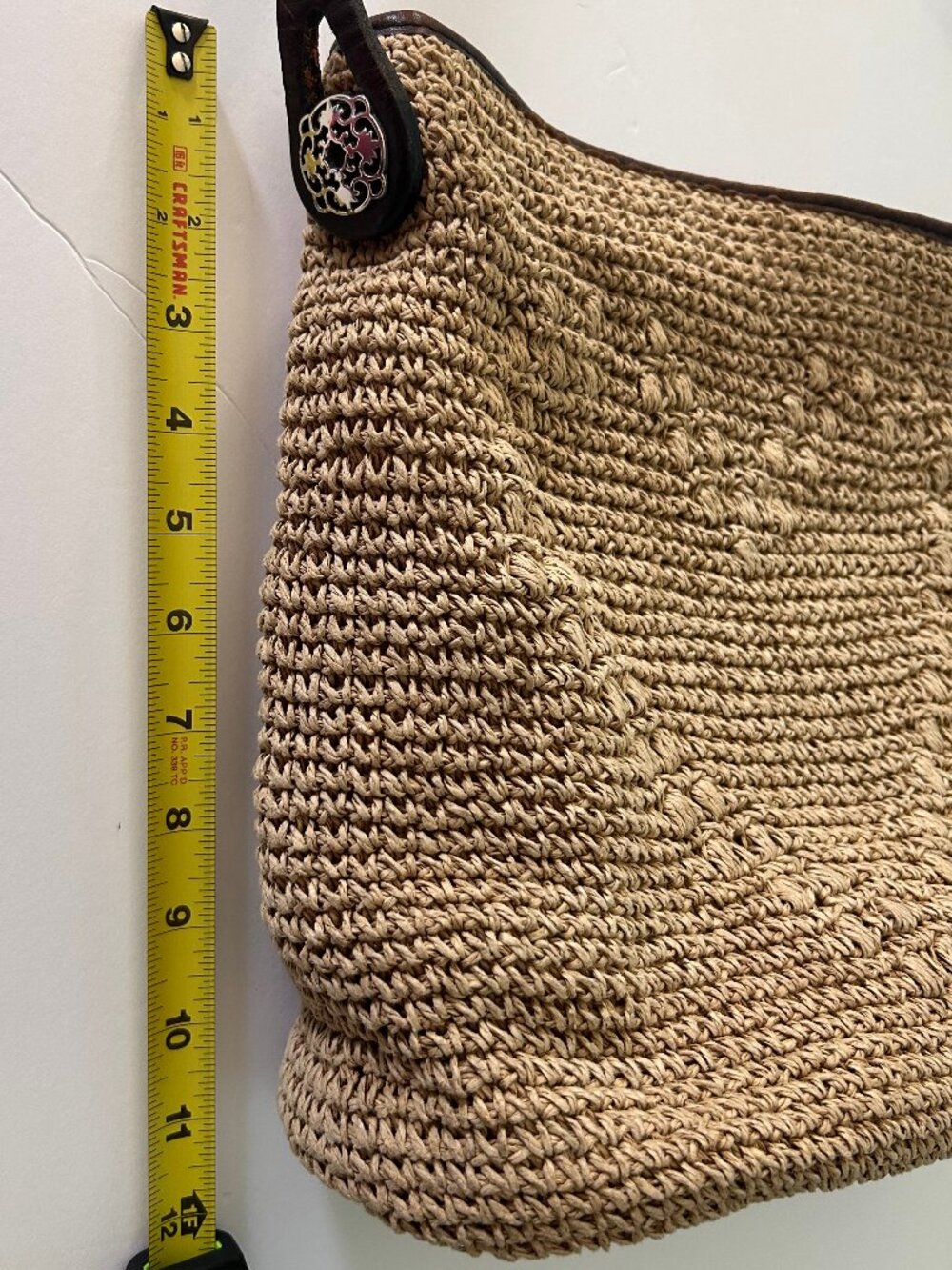 Brighton Straw Crochet Hobo Shoulder Bag Brown Leather Trim Floral Detail Boho - Picture 11 of 14